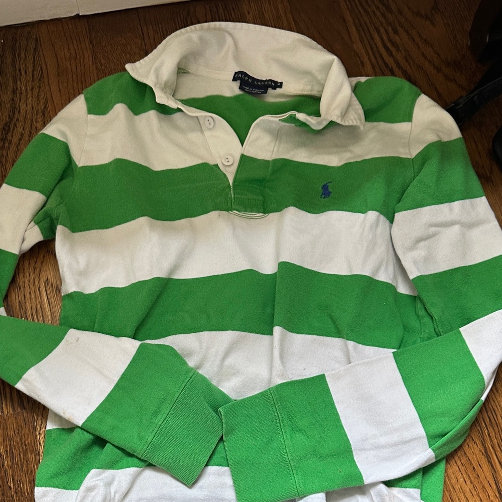 Ralph Lauren Green and White Striped Rugby Polo